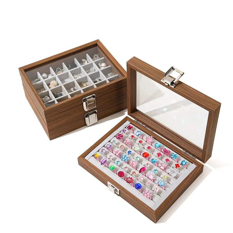 Elegant 7-Grid Wooden Ring Jewelry Box Velvet Organizer | ROMAN DECOR