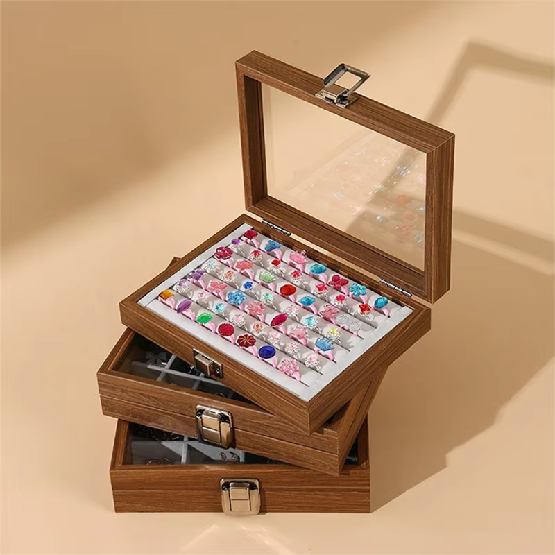 Elegant 7-Grid Wooden Ring Jewelry Box Velvet Organizer | ROMAN DECOR