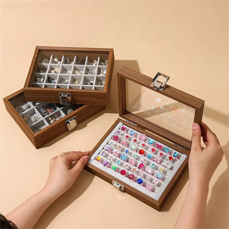 Elegant 7-Grid Wooden Ring Jewelry Box Velvet Organizer | ROMAN DECOR