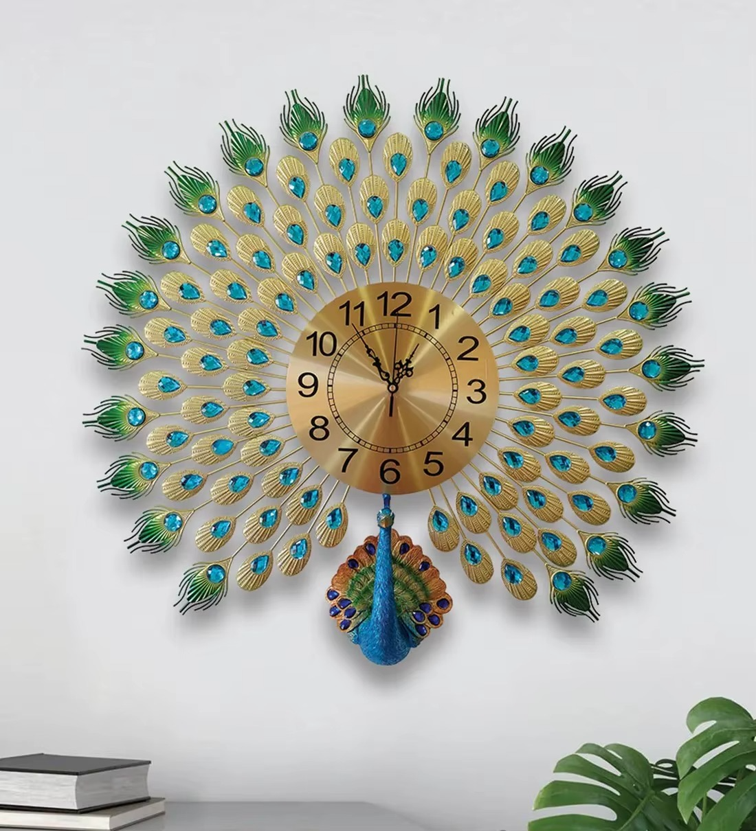 Luxury Peacock Wall Clock | Silent Crystal Metal Wall Decor