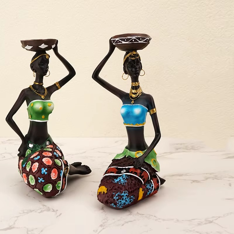 Roman Decor Handcrafted Sitting African Tribal Women Figurines with Candle Holder – Set of 2