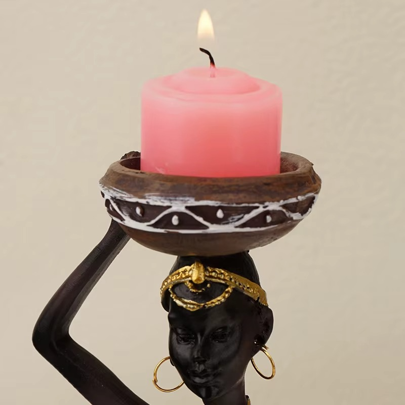 Roman Decor Handcrafted Sitting African Tribal Women Figurines with Candle Holder – Set of 2
