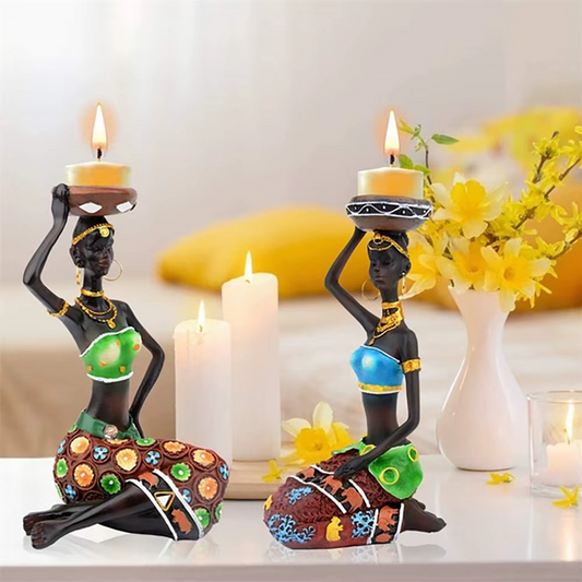 Roman Decor Handcrafted Sitting African Tribal Women Figurines with Candle Holder – Set of 2
