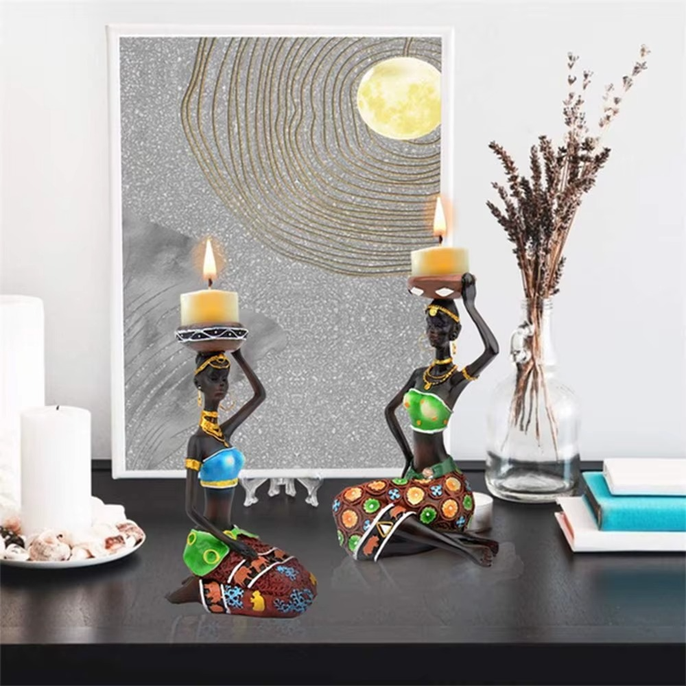 Roman Decor Handcrafted Sitting African Tribal Women Figurines with Candle Holder – Set of 2