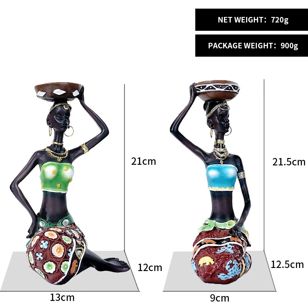 Roman Decor Handcrafted Sitting African Tribal Women Figurines with Candle Holder – Set of 2