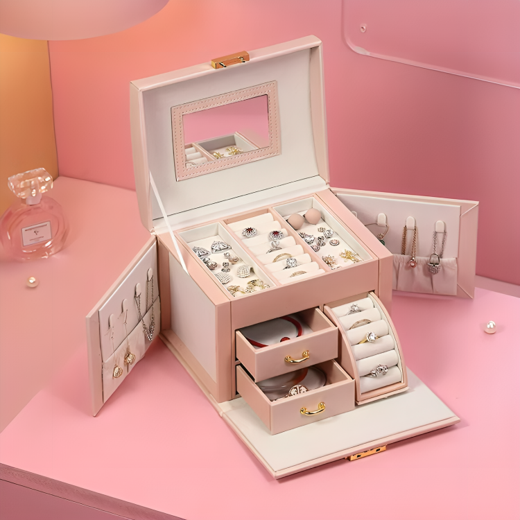Leather 3-Tier Luxury Travel Jewelry Box with Lock and Mirror