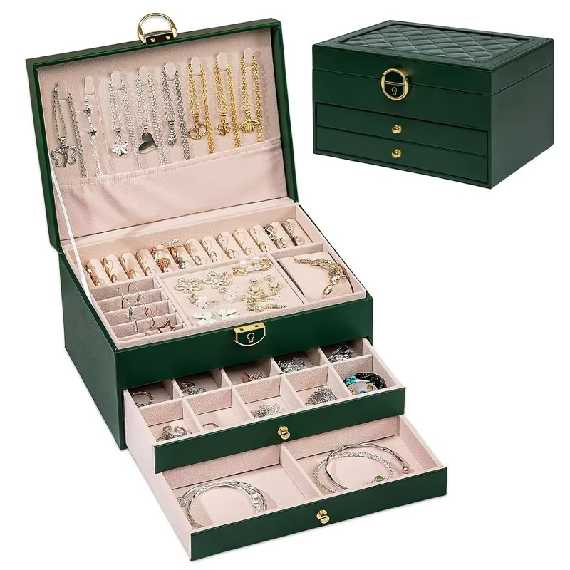 Large 3-Layer Jewelry Box Organizer with Lock & 2 Drawers for Women