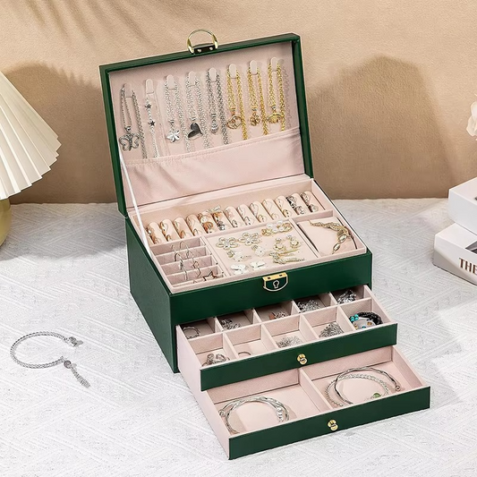 Large 3-Layer Jewelry Box Organizer with Lock & 2 Drawers for Women