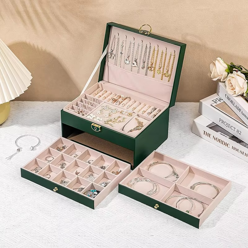 Large 3-Layer Jewelry Box Organizer with Lock & 2 Drawers for Women