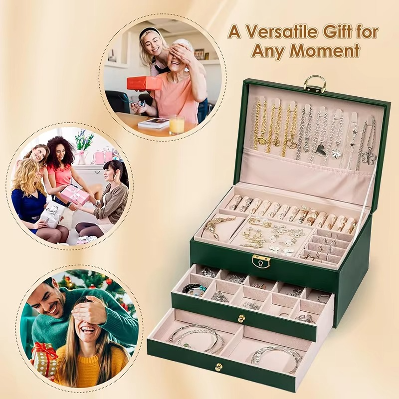 Large 3-Layer Jewelry Box Organizer with Lock & 2 Drawers for Women