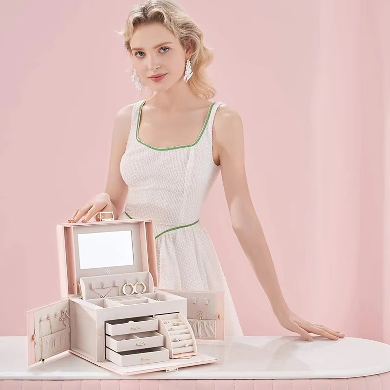 Leather 3-Tier Luxury Travel Jewelry Box with Lock and Mirror