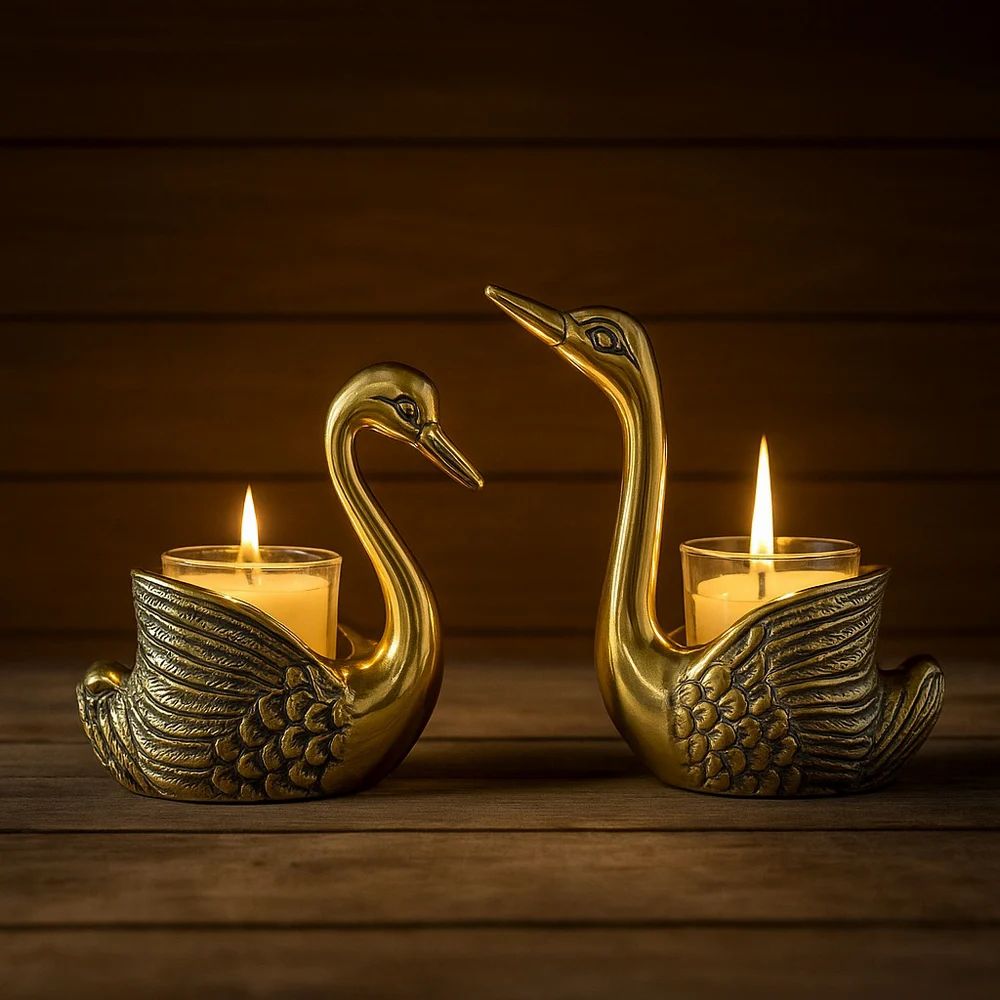 Aluminum Pair of Swans for Good Luck & Love - Antique Gold Candle Holder