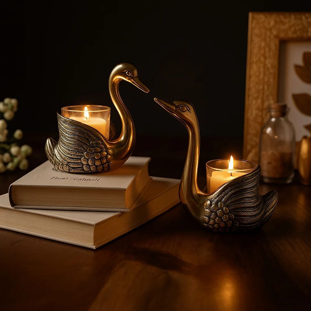 Aluminum Pair of Swans for Good Luck & Love - Antique Gold Candle Holder