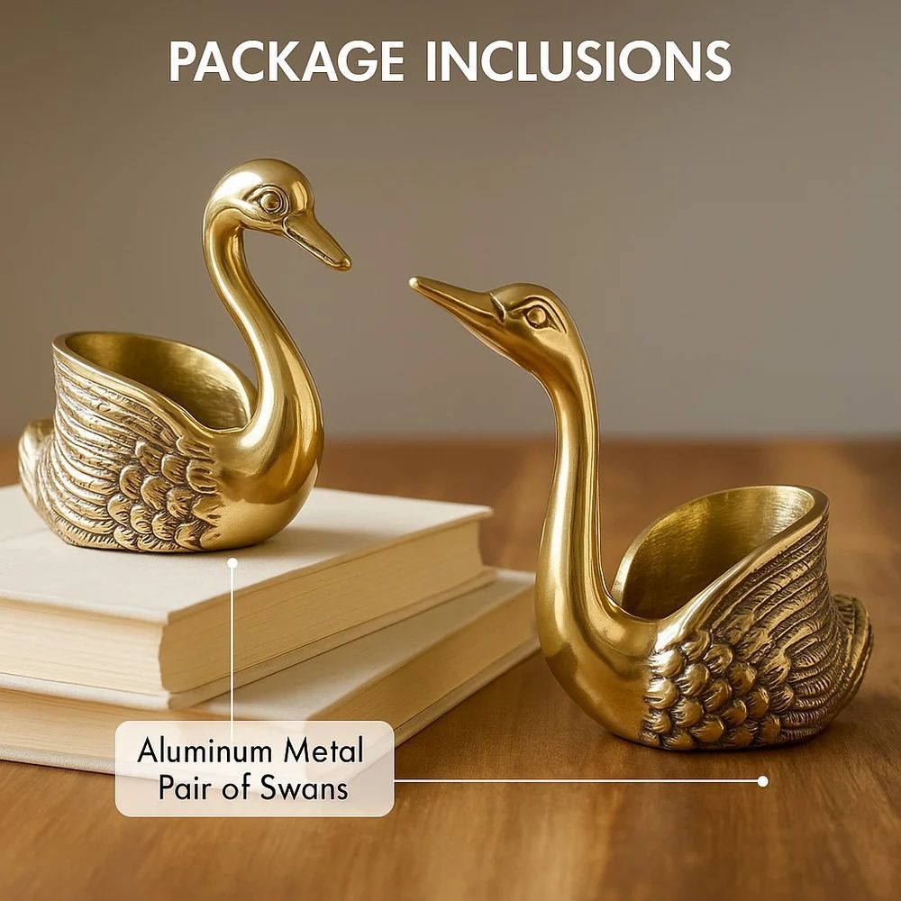 Aluminum Pair of Swans for Good Luck & Love - Antique Gold Candle Holder