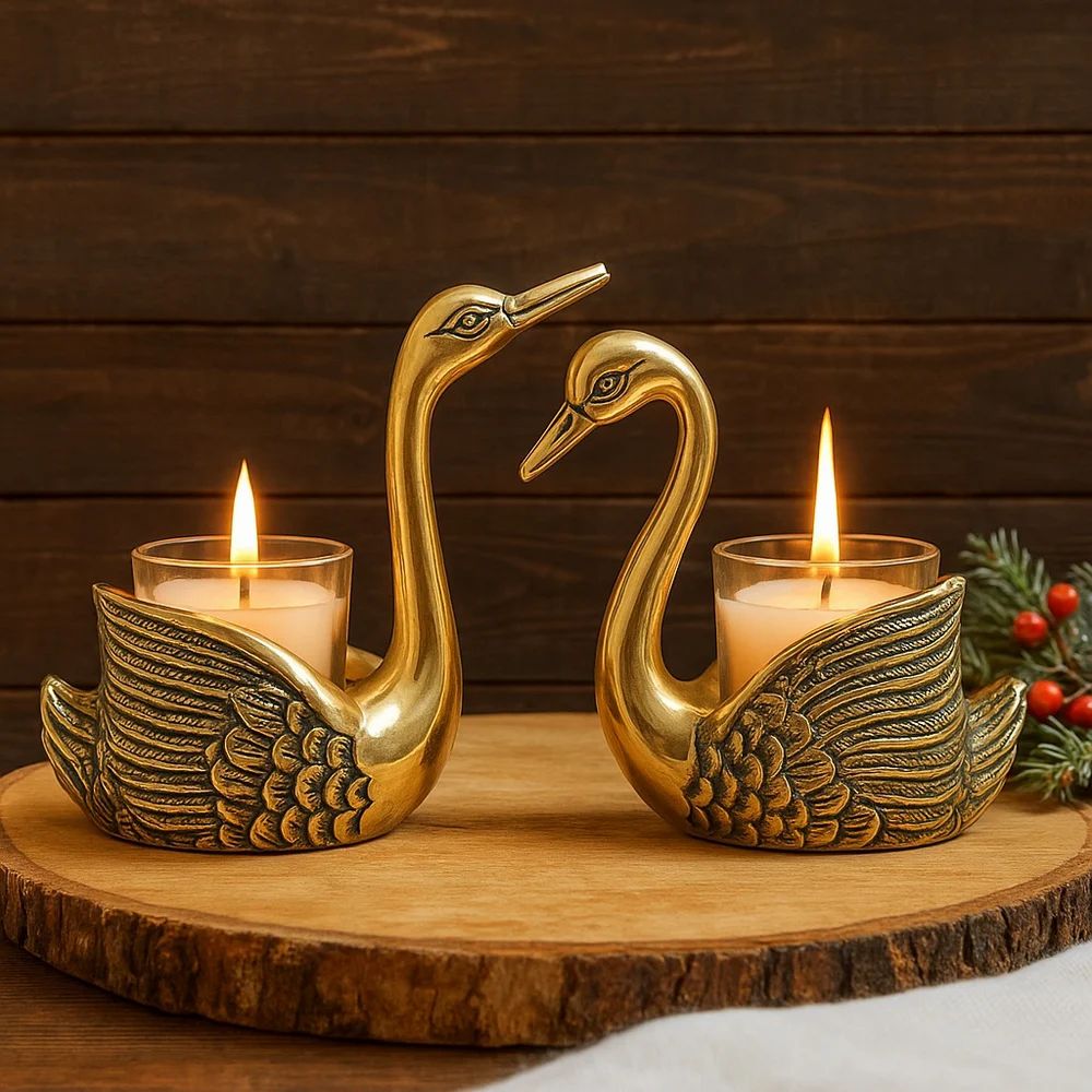 Aluminum Pair of Swans for Good Luck & Love - Antique Gold Candle Holder