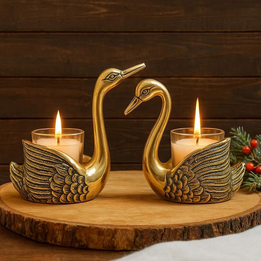 Aluminum Pair of Swans for Good Luck & Love - Antique Gold Candle Holder