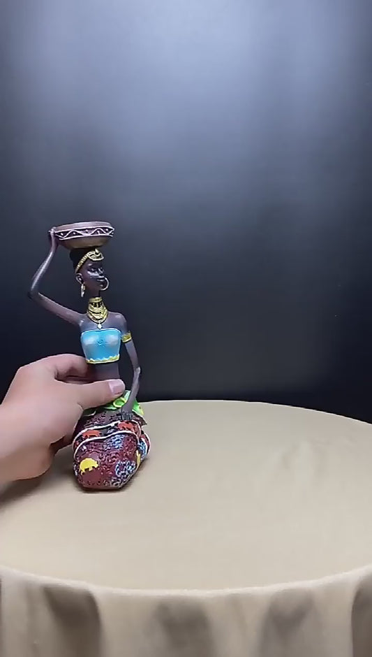 Roman Decor Handcrafted Sitting African Tribal Women Figurines with Candle Holder – Set of 2