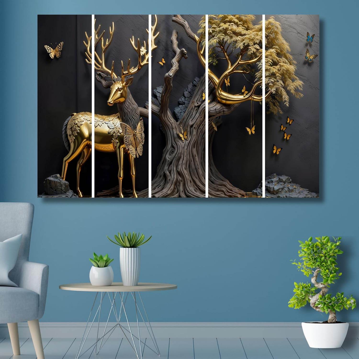 Golden Deer Wall Painting – Set of 5 | Big Size MDF Wall Art - Roman Decor