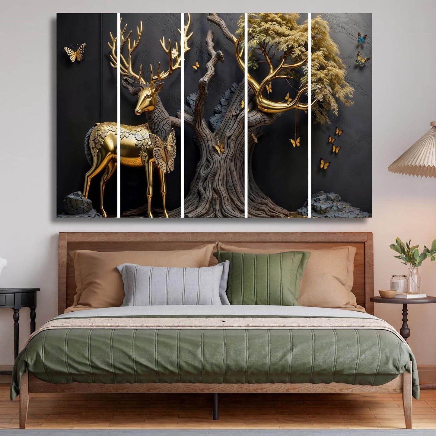 Golden Deer Wall Painting – Set of 5 | Big Size MDF Wall Art - Roman Decor