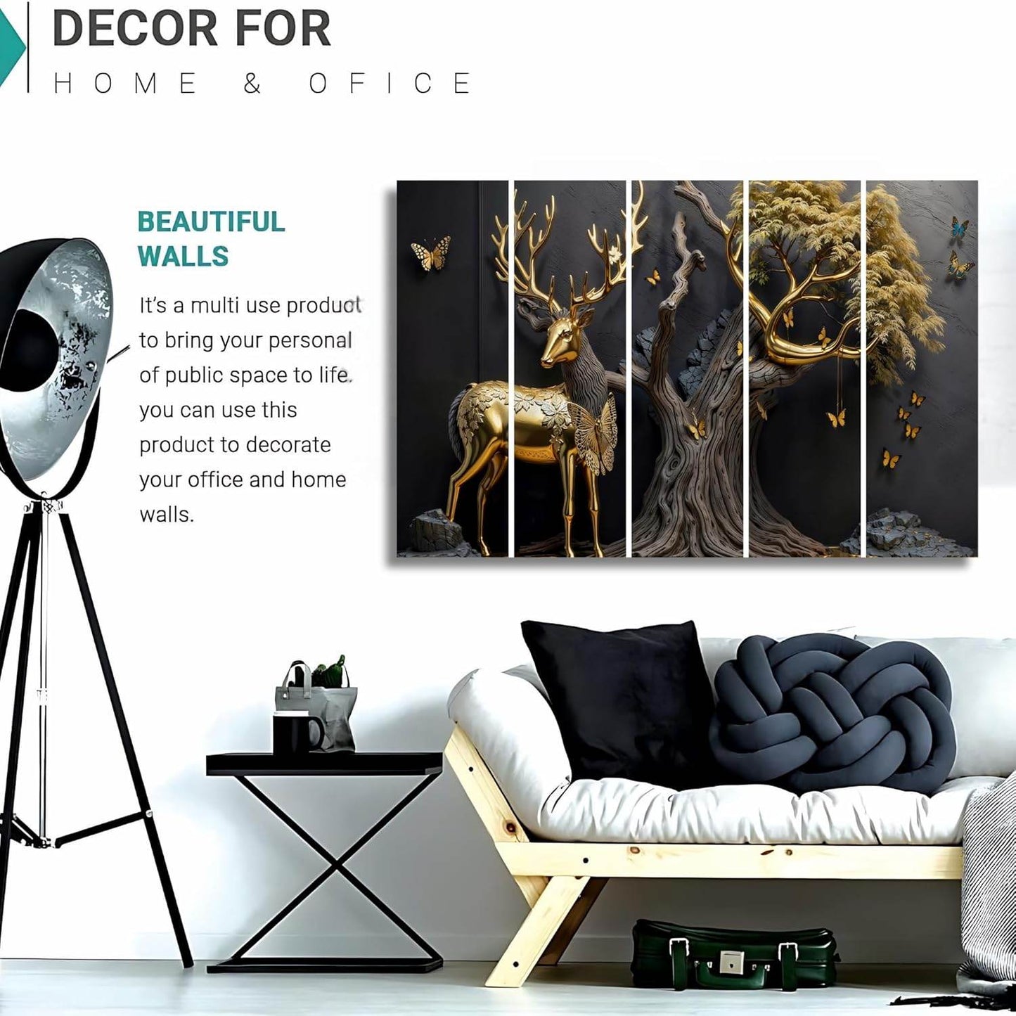 Golden Deer Wall Painting – Set of 5 | Big Size MDF Wall Art - Roman Decor