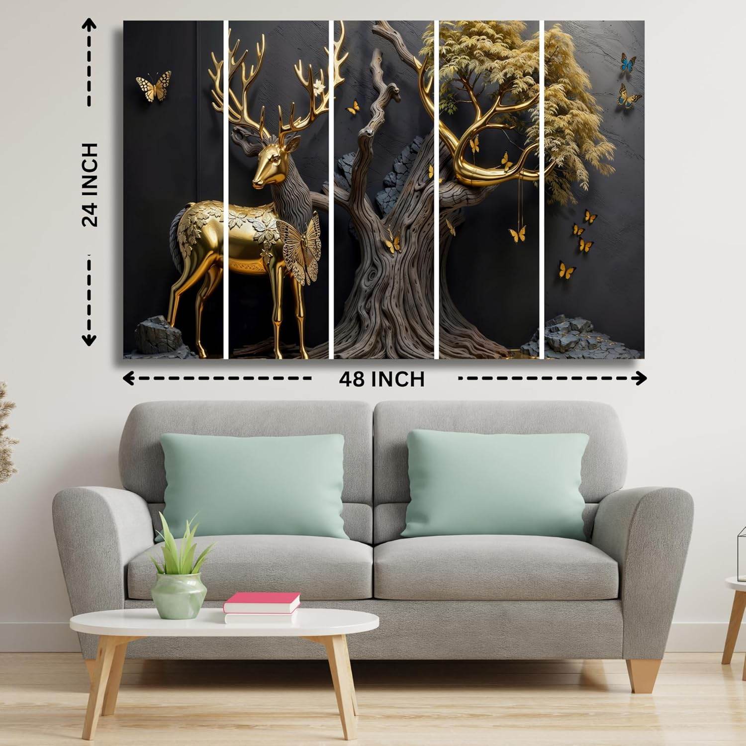 Golden Deer Wall Painting – Set of 5 | Big Size MDF Wall Art - Roman Decor