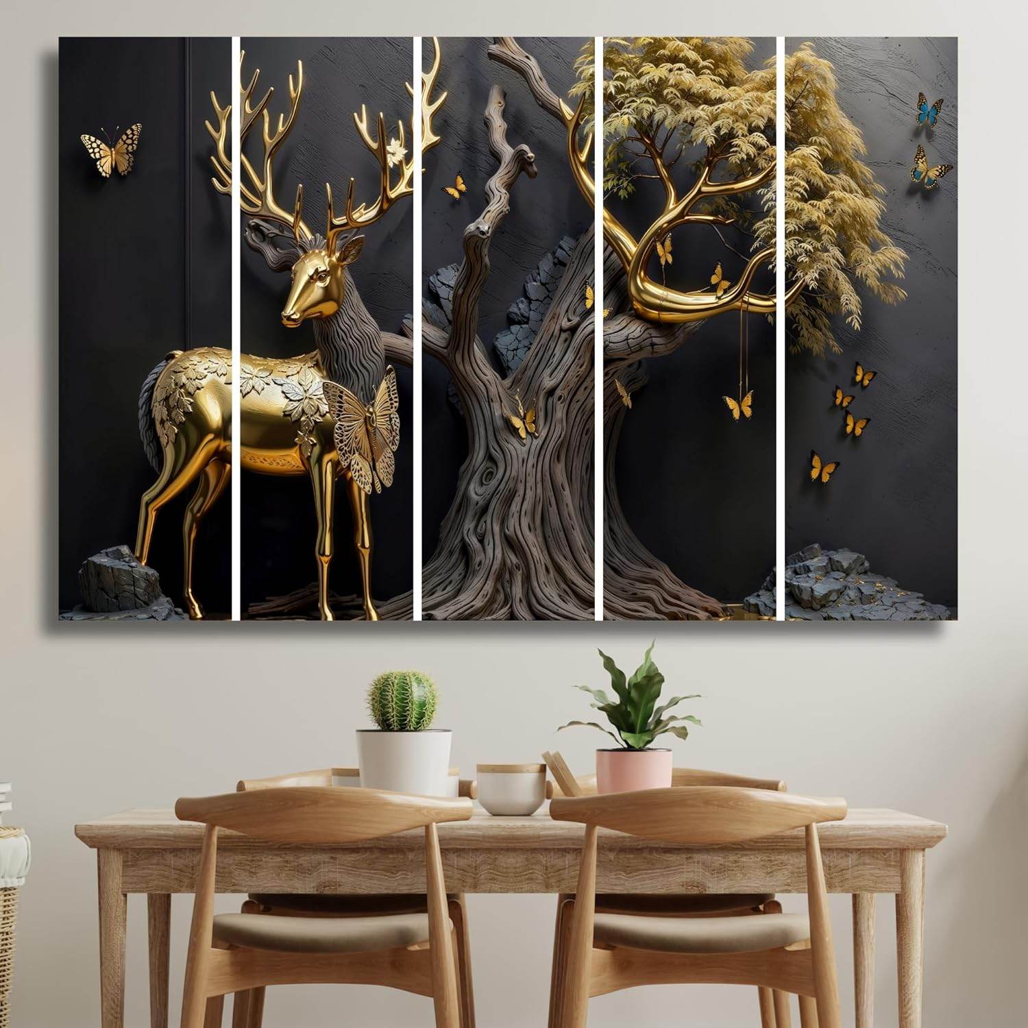 Golden Deer Wall Painting – Set of 5 | Big Size MDF Wall Art - Roman Decor