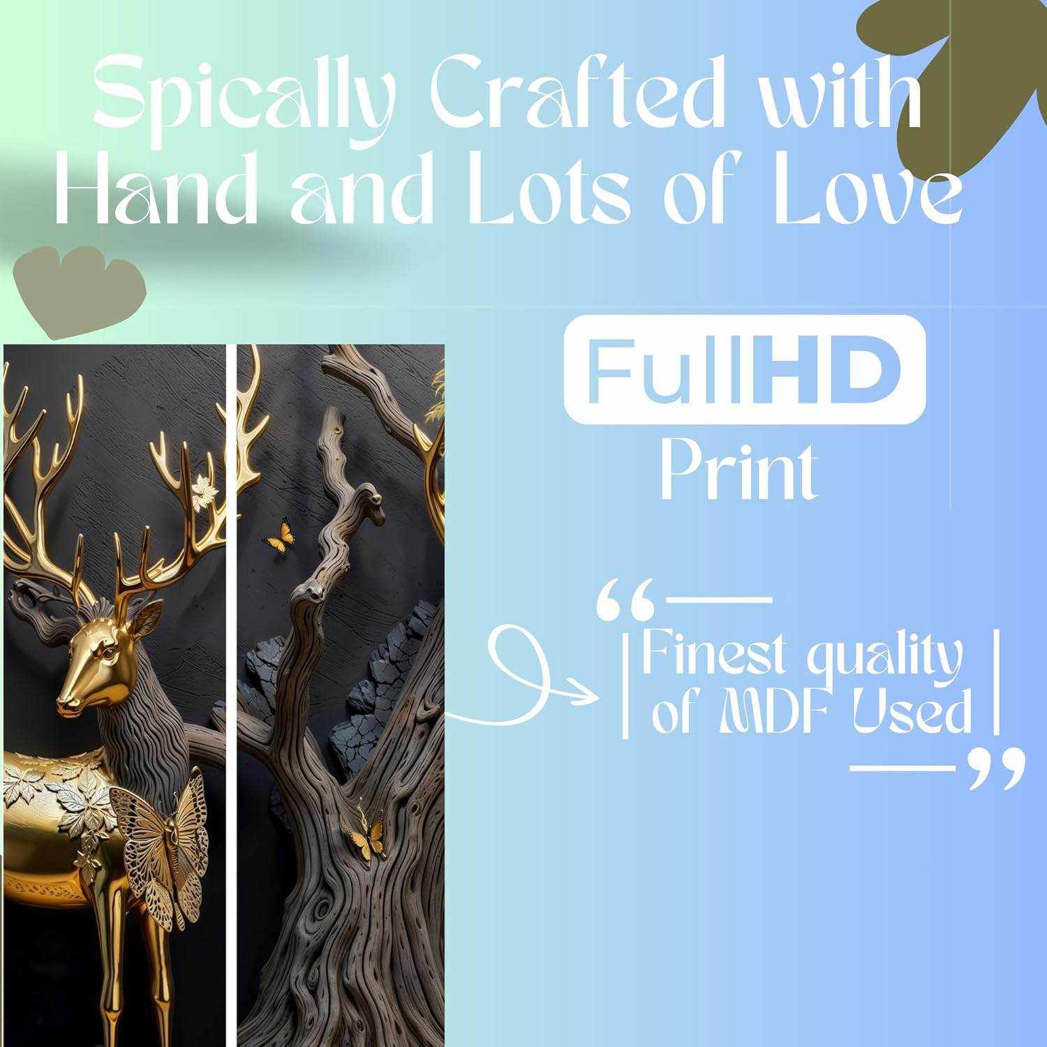 Golden Deer Wall Painting – Set of 5 | Big Size MDF Wall Art - Roman Decor