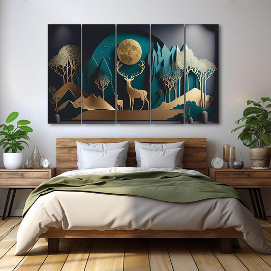 Roman Golden Deer Wall Painting – 36x60 Inches (5 Panel Framed Set) - Roman Decor