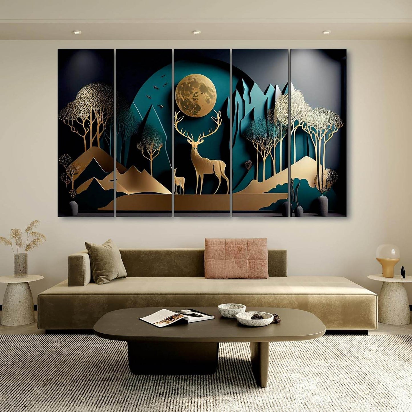 Roman Golden Deer Wall Painting – 36x60 Inches (5 Panel Framed Set) - Roman Decor