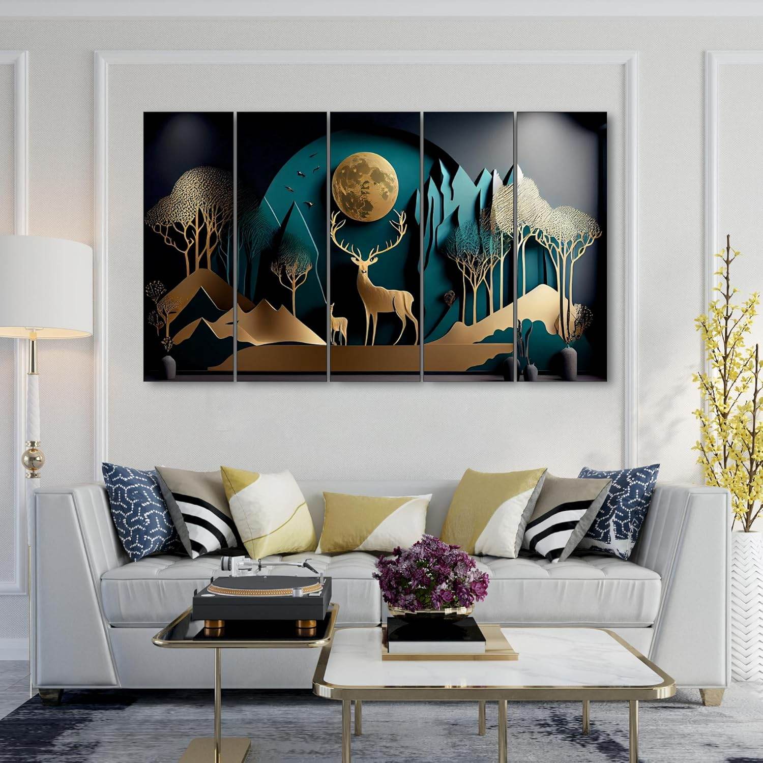 Roman Golden Deer Wall Painting – 36x60 Inches (5 Panel Framed Set) - Roman Decor