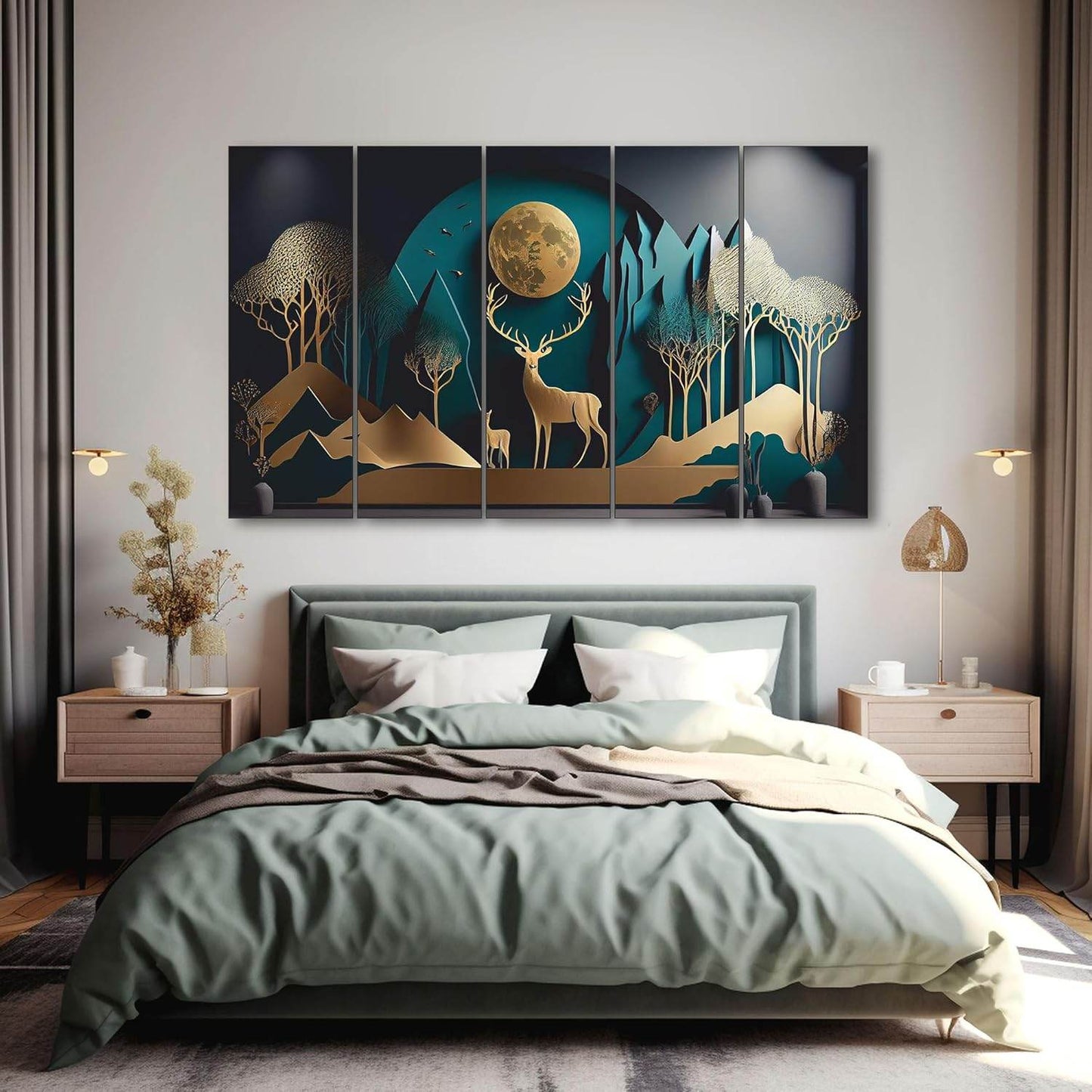 Roman Golden Deer Wall Painting – 36x60 Inches (5 Panel Framed Set) - Roman Decor