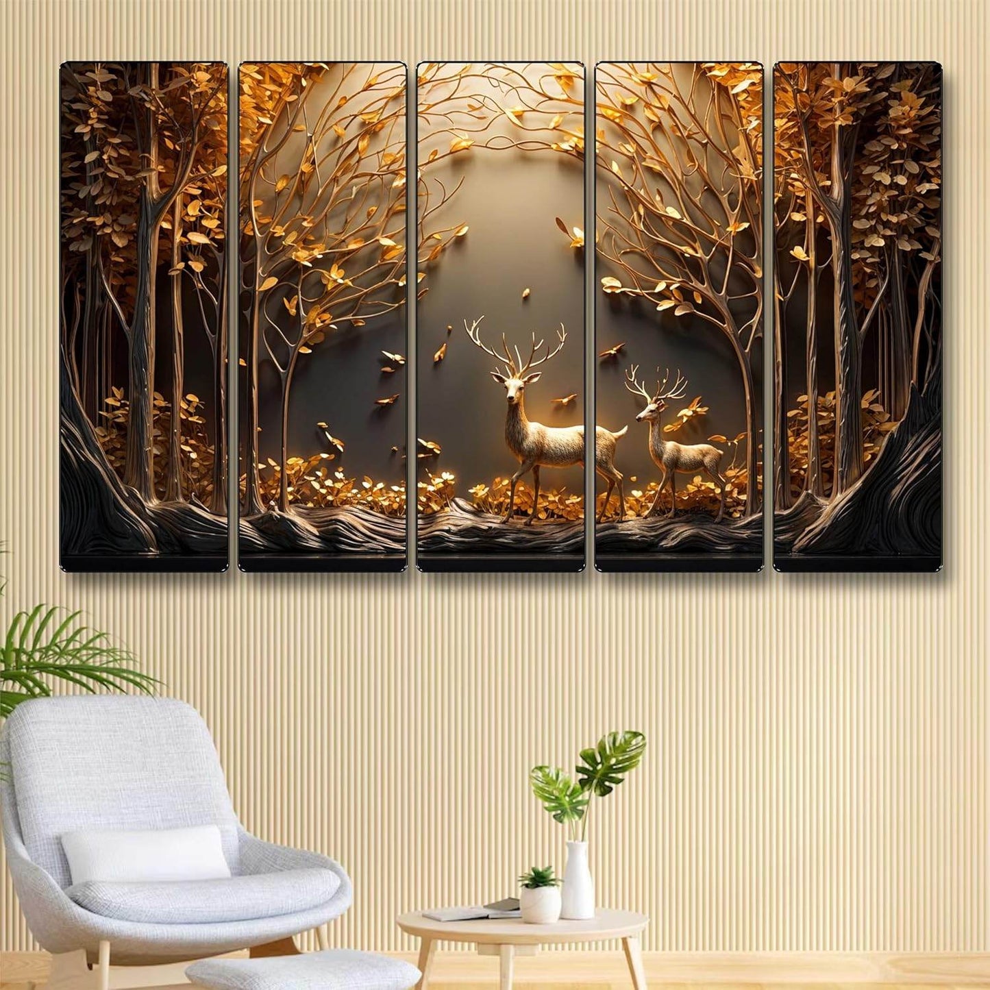 Set of 5 Deer Family Tree Wall Painting | XL Size 60 x 30 Inch - Roman Decor