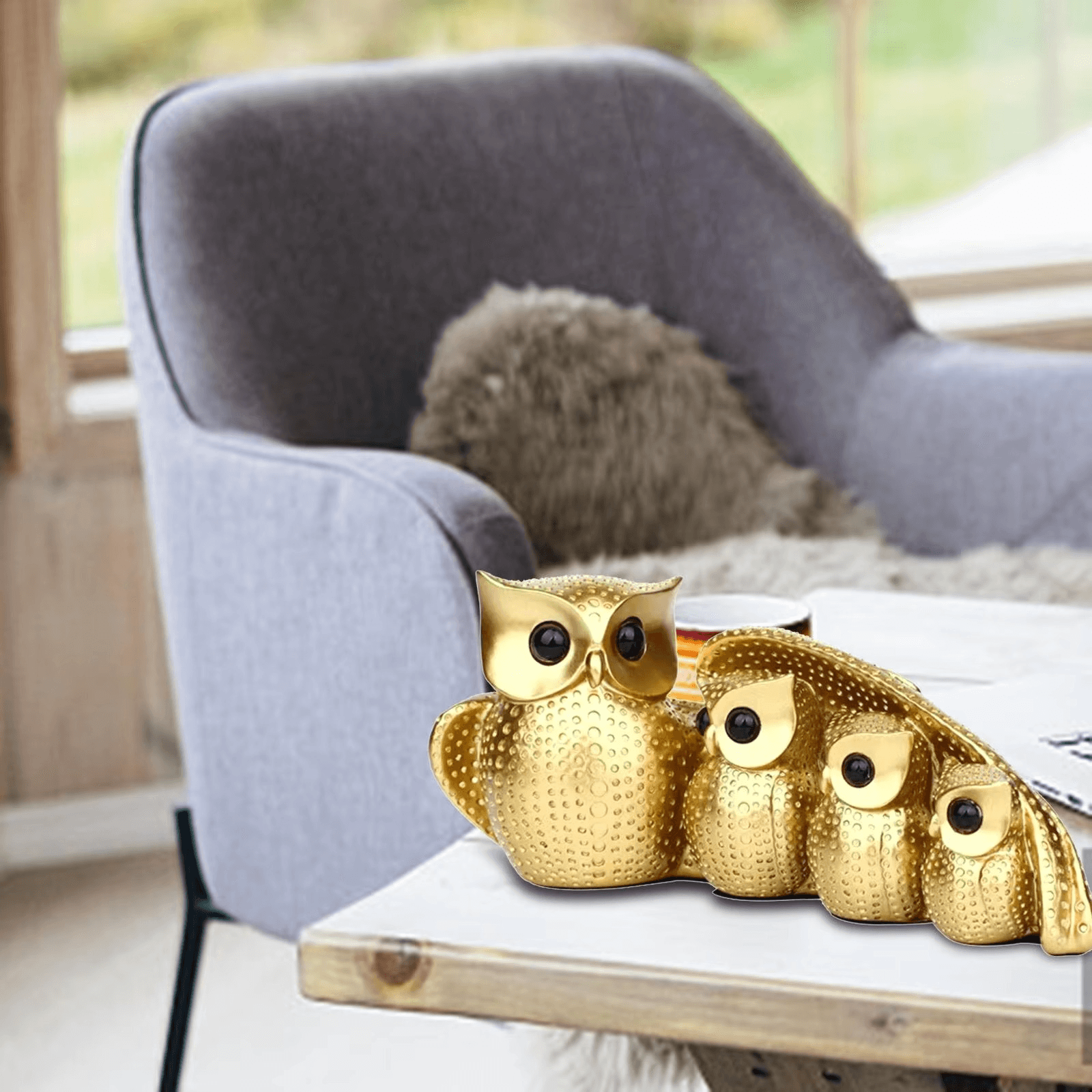Owl Family of Four Resin Statue – Golden Animal Figurine for Home Decor - Roman Decor