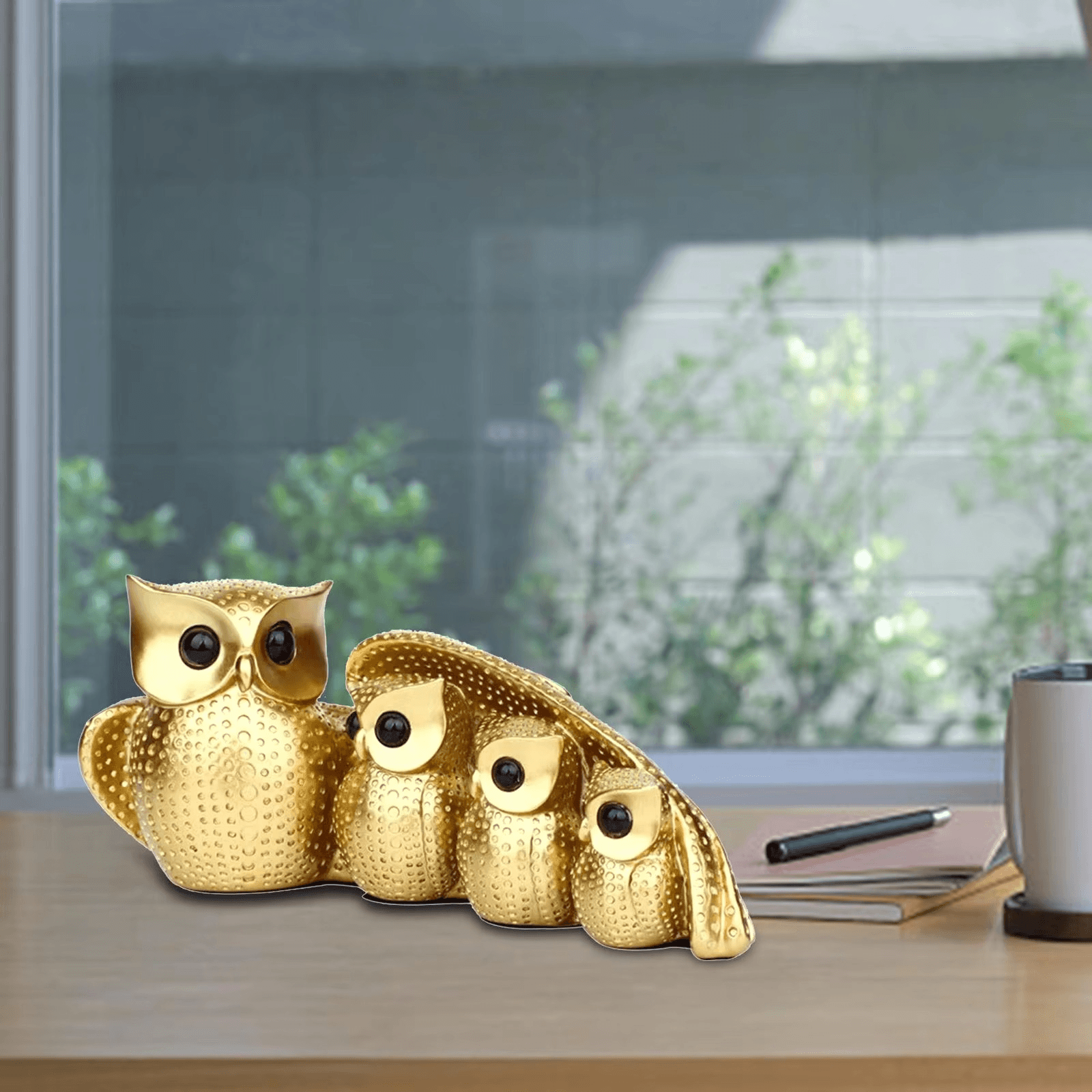 Owl Family of Four Resin Statue – Golden Animal Figurine for Home Decor - Roman Decor