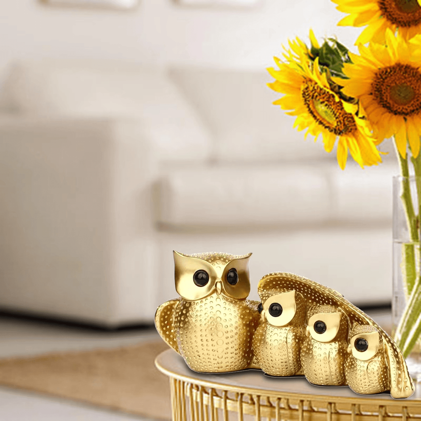 Owl Family of Four Resin Statue – Golden Animal Figurine for Home Decor - Roman Decor