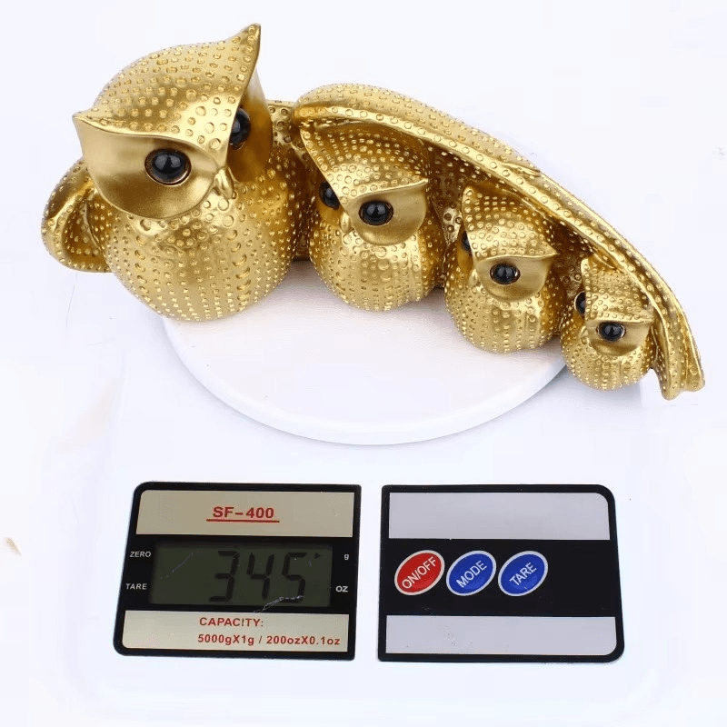 Owl Family of Four Resin Statue – Golden Animal Figurine for Home Decor - Roman Decor