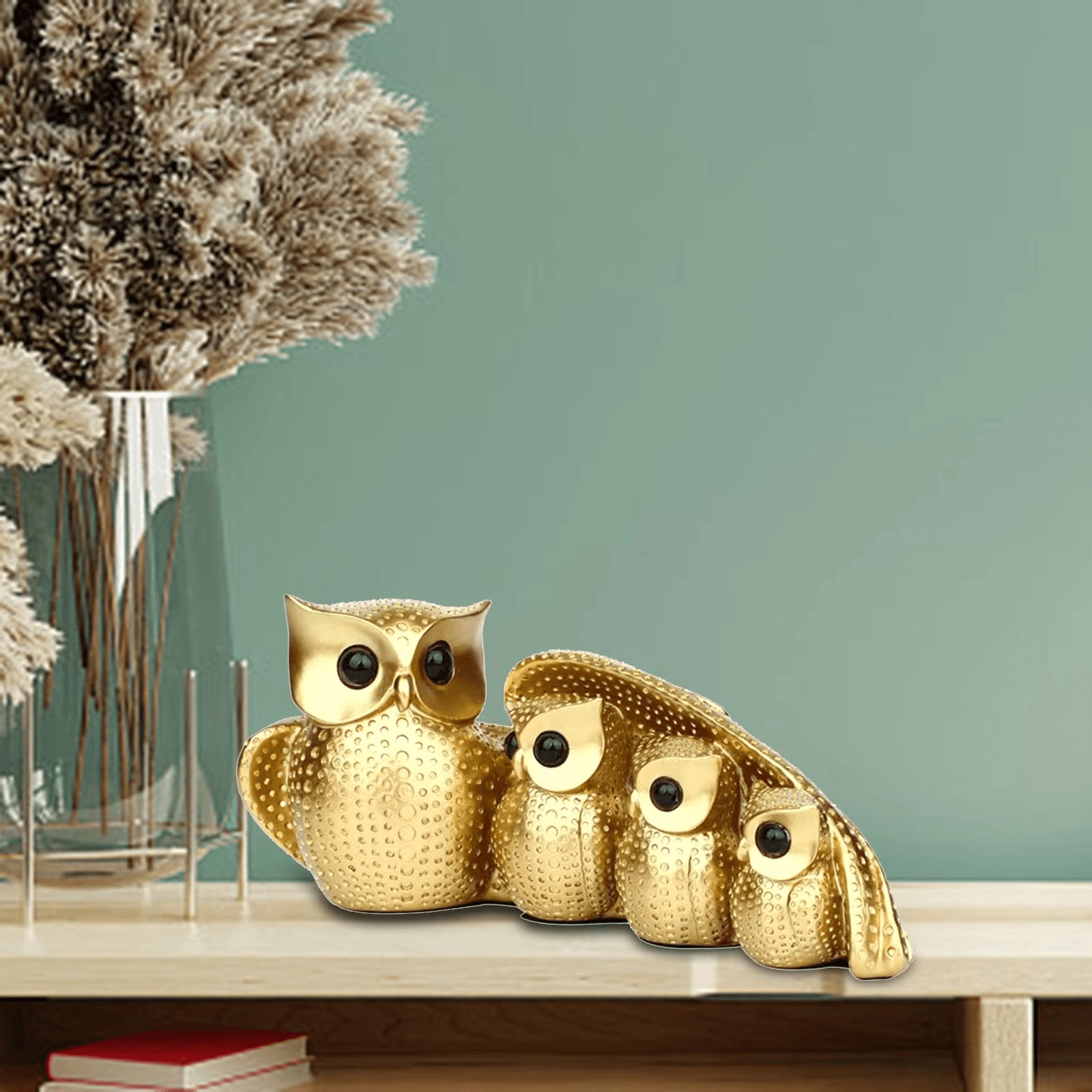 Owl Family of Four Resin Statue – Golden Animal Figurine for Home Decor - Roman Decor