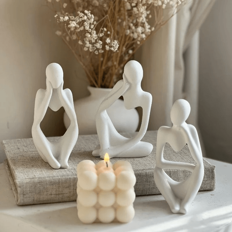 Thinker Men Statue Set of 3 – Abstract Golden Ceramic Sculptures - Roman Decor