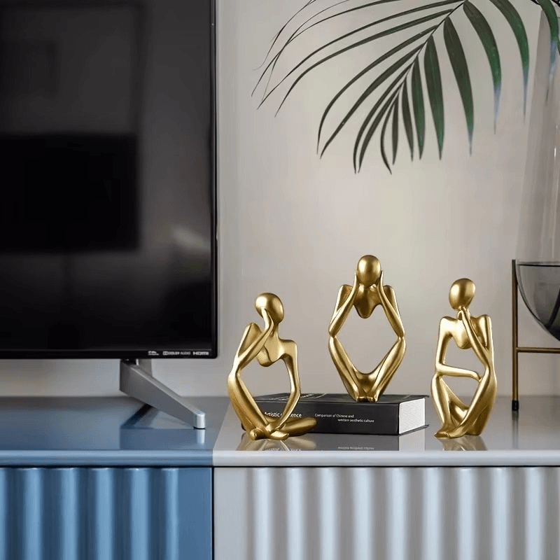 Thinker Men Statue Set of 3 – Abstract Golden Ceramic Sculptures - Roman Decor