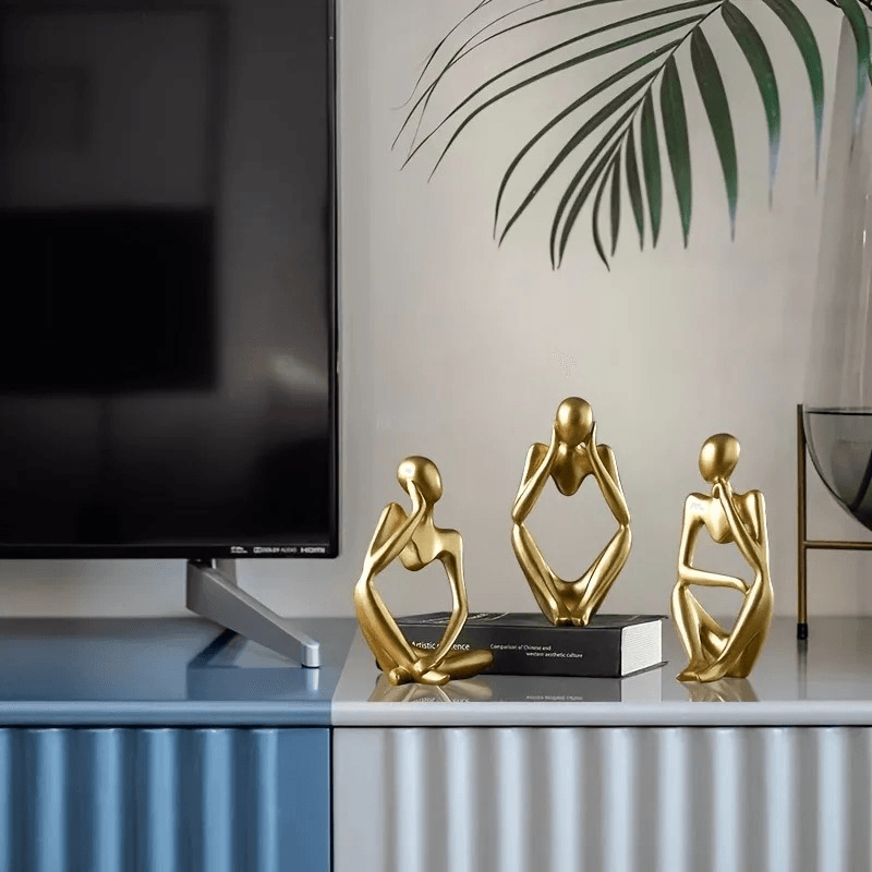 Thinker Men Statue Set of 3 – Abstract Golden Ceramic Sculptures - Roman Decor