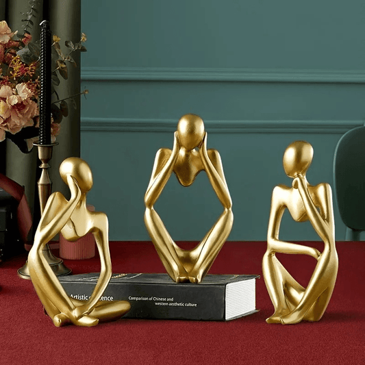 Thinker Men Statue Set of 3 – Abstract Golden Ceramic Sculptures - Roman Decor