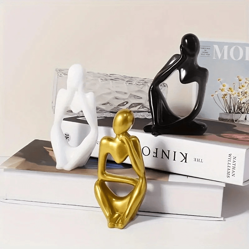Thinker Men Statue Set of 3 – Abstract Golden Ceramic Sculptures - Roman Decor