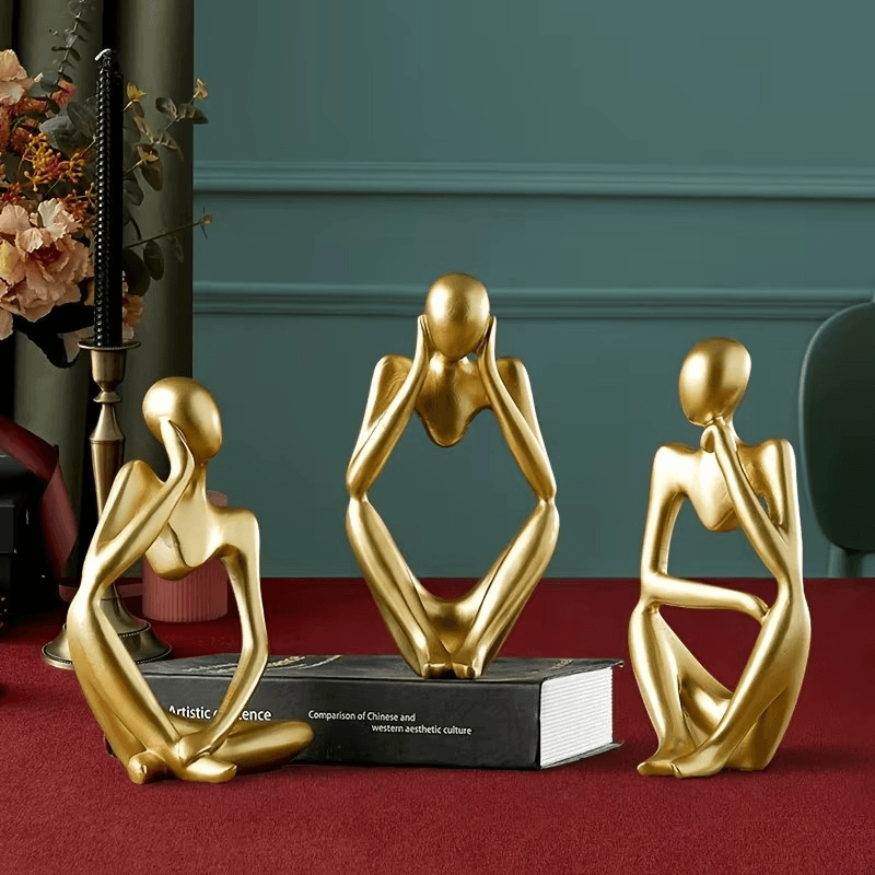 Thinker Men Statue Set of 3 – Abstract Golden Ceramic Sculptures - Roman Decor