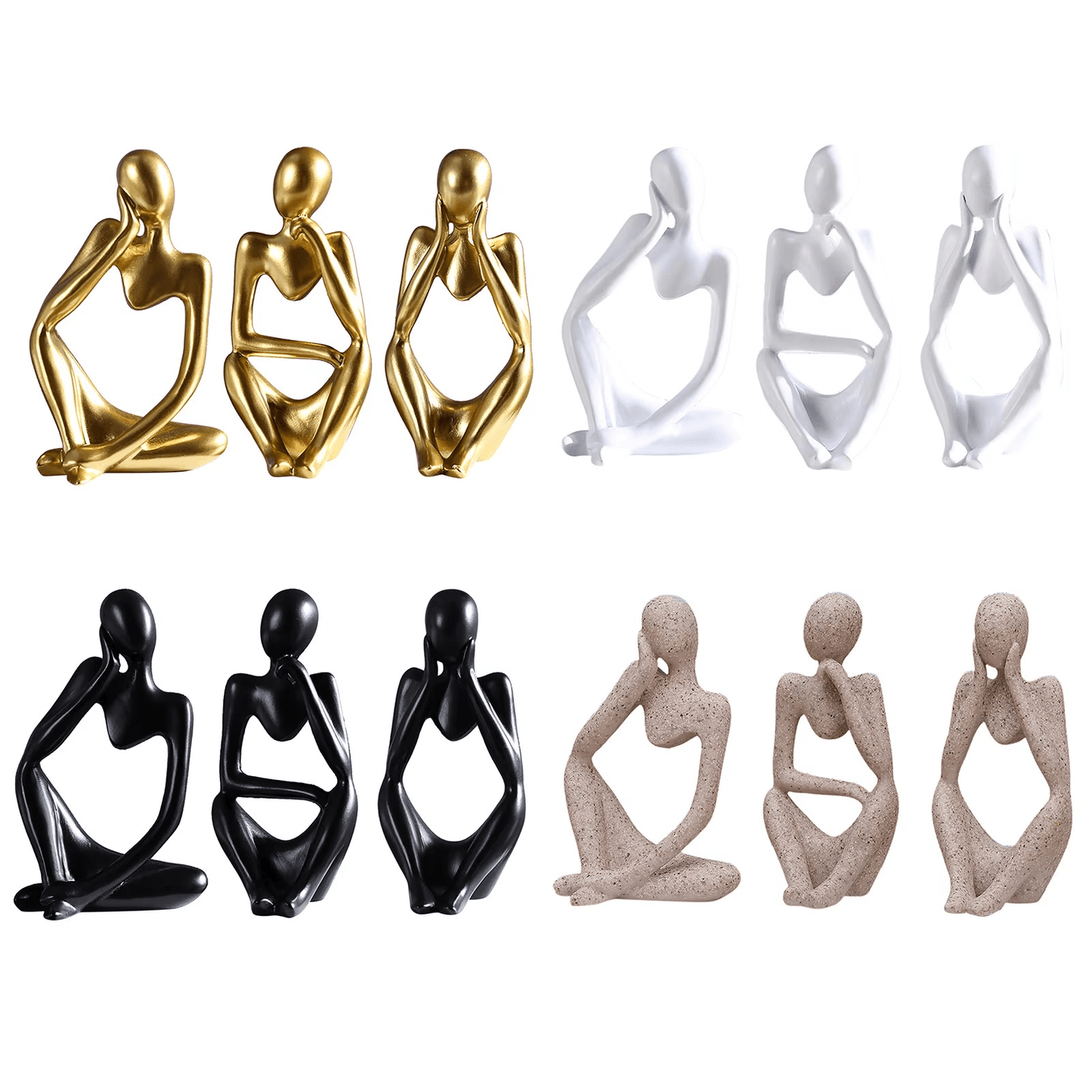 Thinker Men Statue Set of 3 – Abstract Golden Ceramic Sculptures - Roman Decor