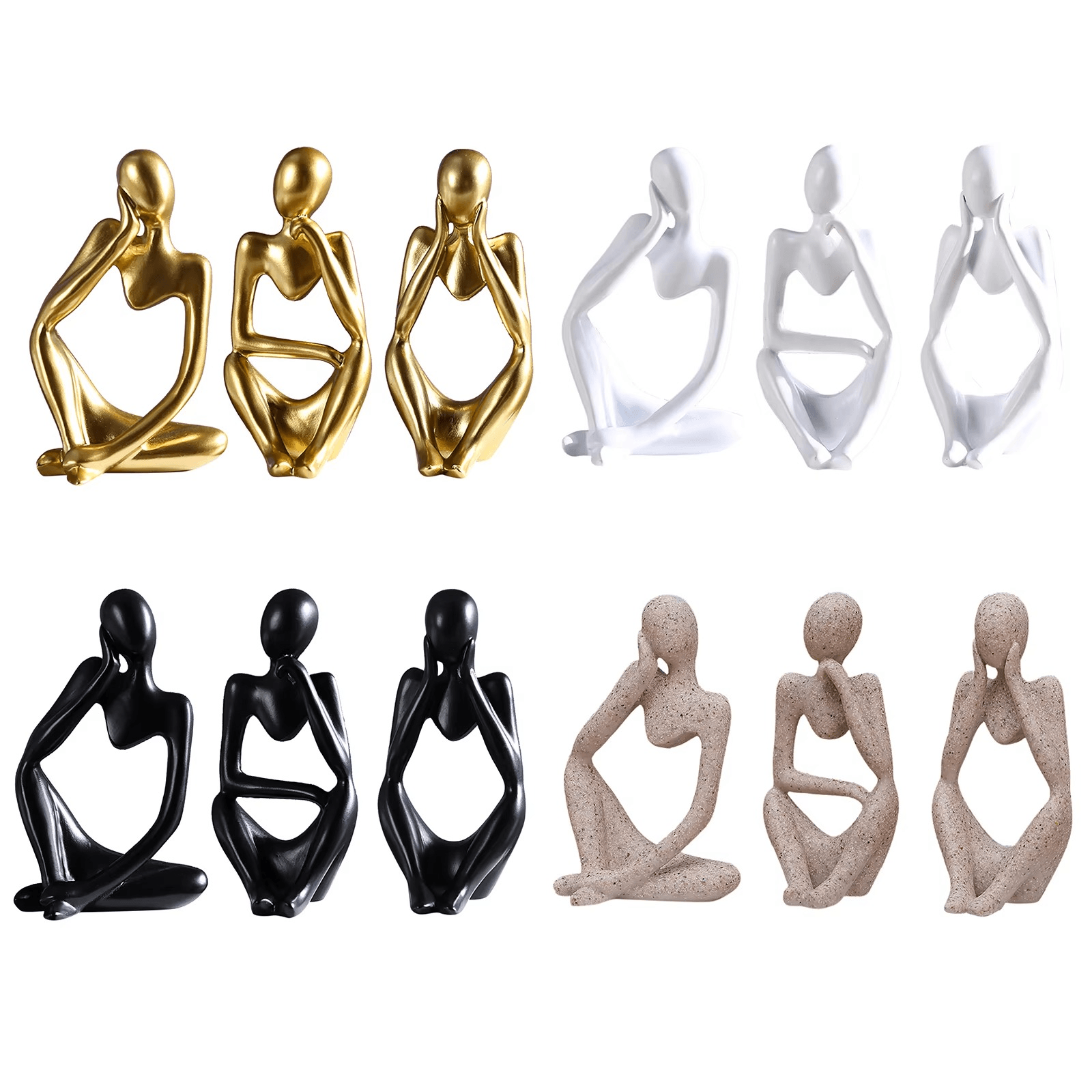 Thinker Men Statue Set of 3 – Abstract Golden Ceramic Sculptures - Roman Decor