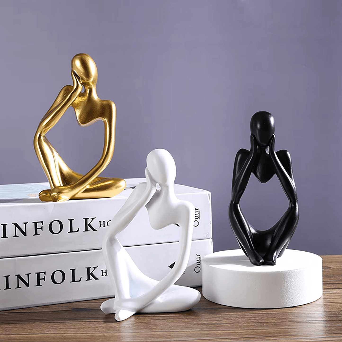 Thinker Men Statue Set of 3 – Abstract Golden Ceramic Sculptures - Roman Decor