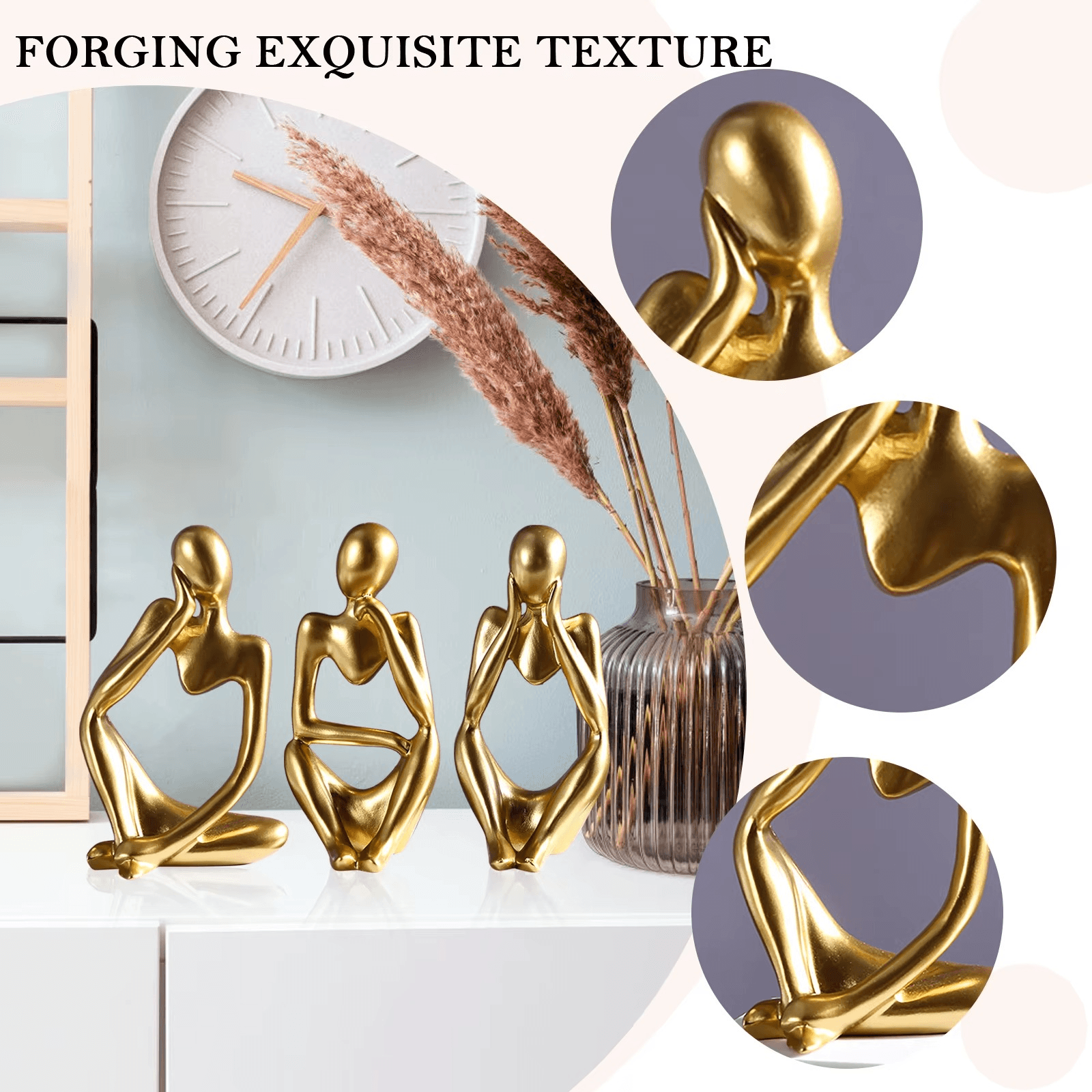 Thinker Men Statue Set of 3 – Abstract Golden Ceramic Sculptures - Roman Decor