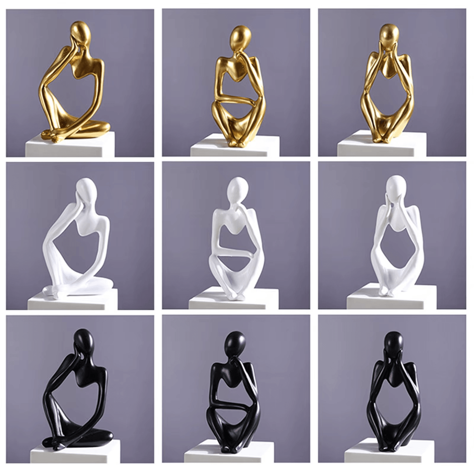 Thinker Men Statue Set of 3 – Abstract Golden Ceramic Sculptures - Roman Decor