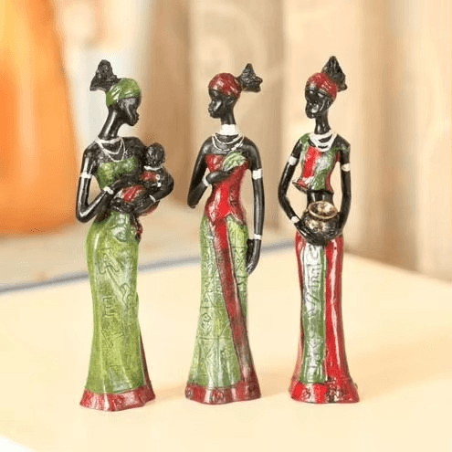 Resin Folk Art Love – 3 African Girls Figurine Set - Roman Decor