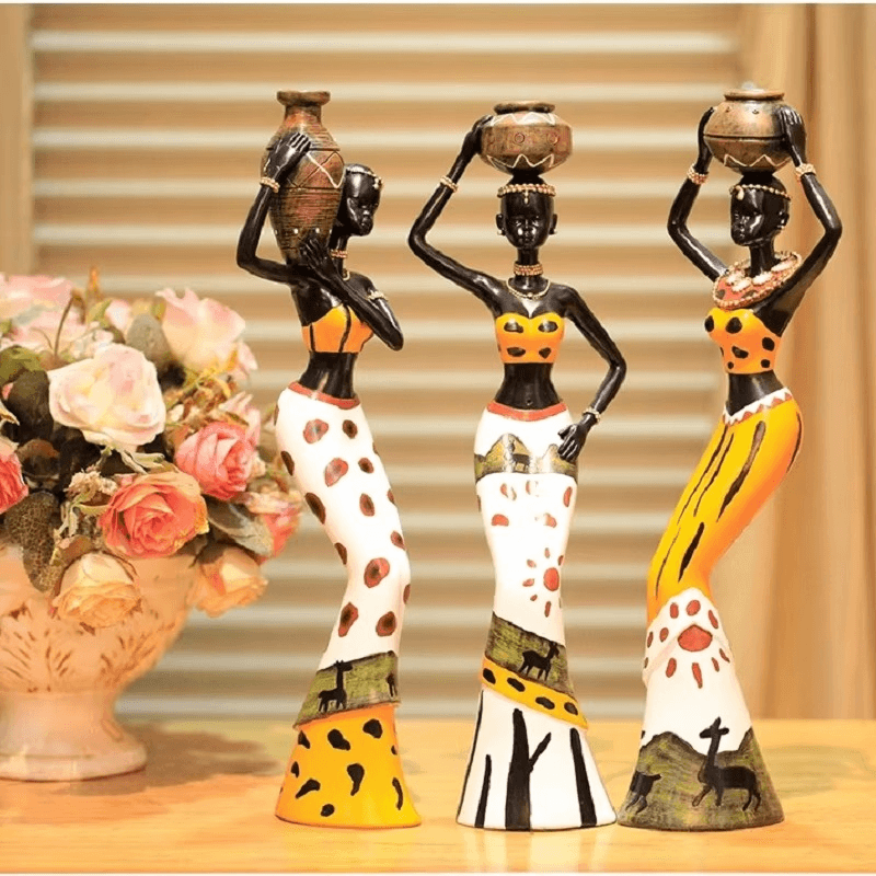 Resin Folk Art Love – 3 African Girls Figurine Set - Roman Decor